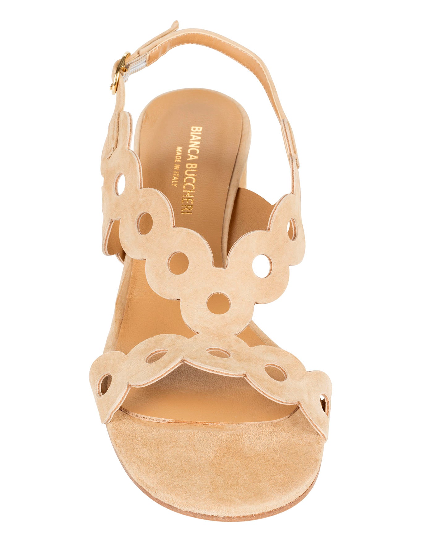 Bianca Buccheri Antonia Tan suede sandal with scalloped cut-out straps and 40mm block heel, side profile