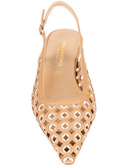 Bianca Buccheri Madi Tan nappa leather flat pointed slingback with white eyelet cut-outs and 20mm heel, side profile