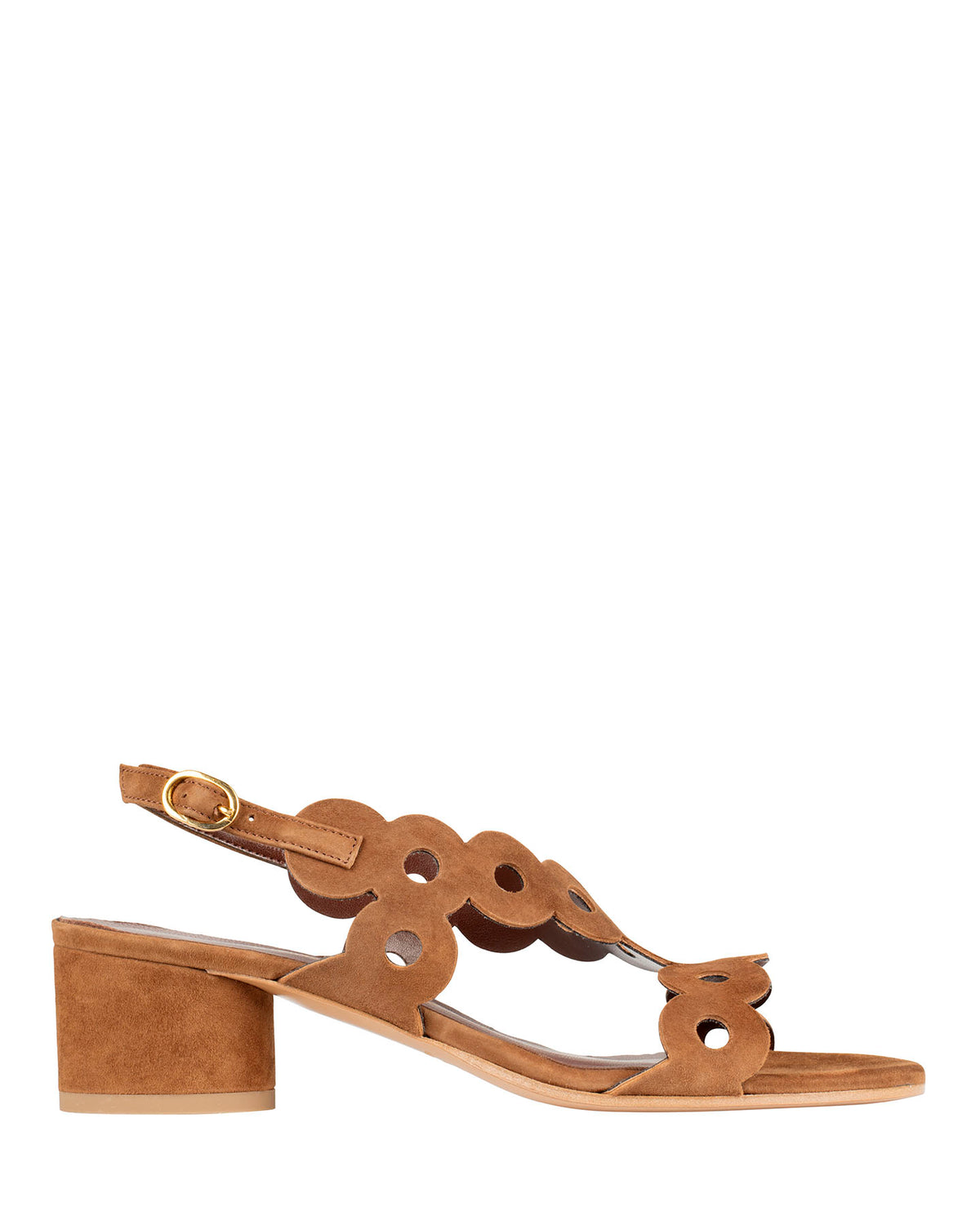 Bianca Buccheri Antonia Chocolate suede sandal with scalloped cut-out straps and 40mm block heel
