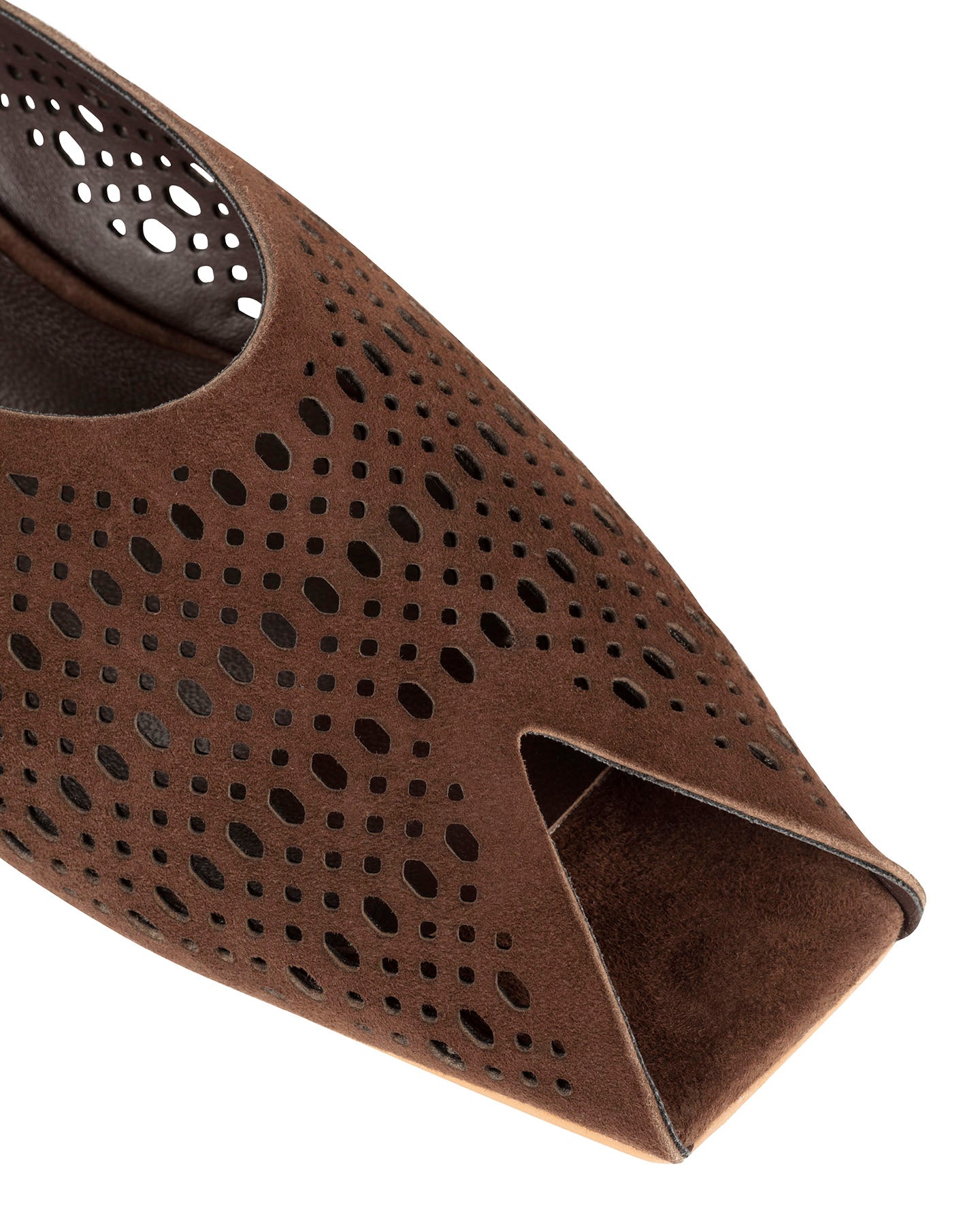 Bianca Buccheri Tia Dark Brown perforated suede flat mule with open toe