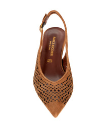Bianca Buccheri Lauren Chocolate suede pointed-toe slingback with lace perforations and 45mm kitten heel, side profile