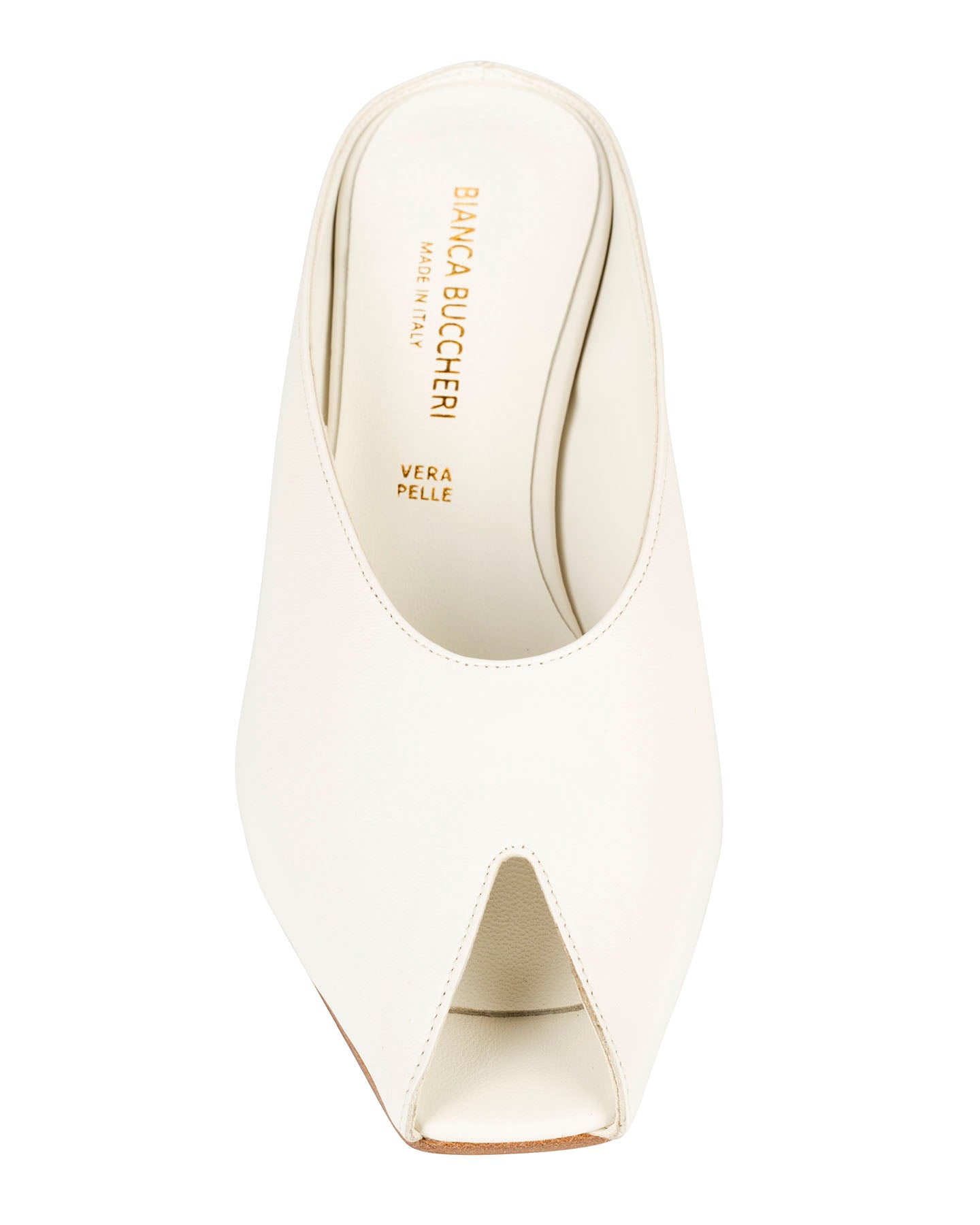 Bianca Buccheri Alani Milk soft nappa leather peep-toe mule with 50mm curved heel, side profile