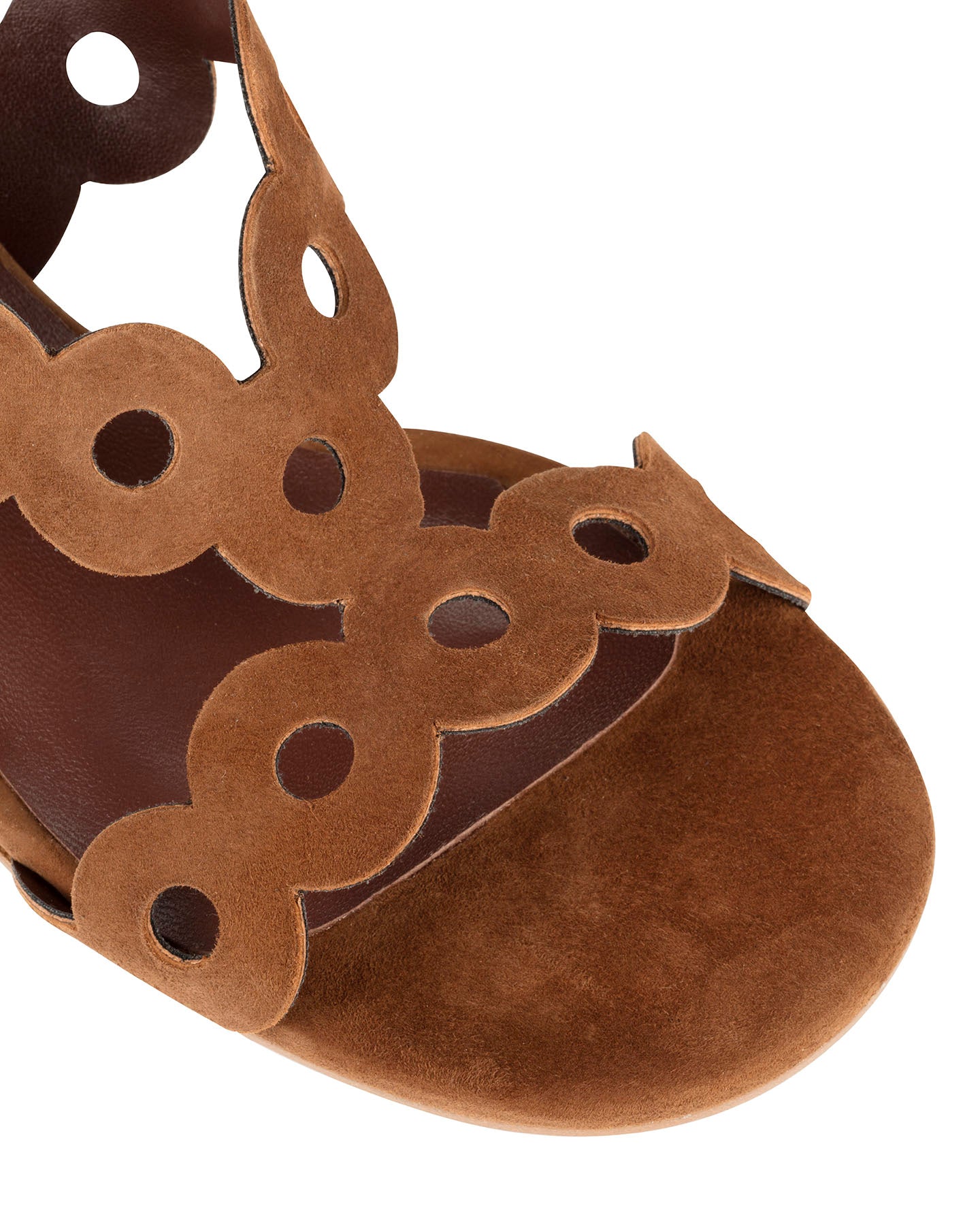 Bianca Buccheri Antonia Chocolate suede sandal with scalloped cut-out straps and 40mm block heel