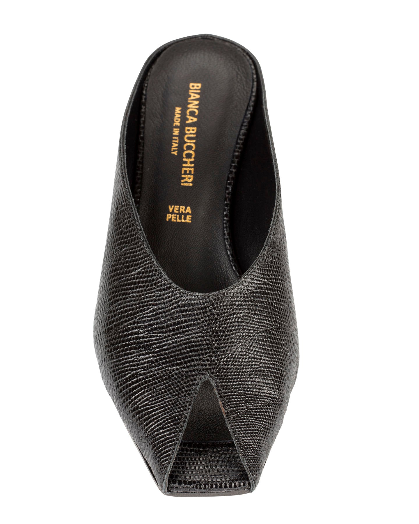 Bianca Buccheri Alani Black lizard-print leather peep-toe mule with 50mm curved heel, side profile