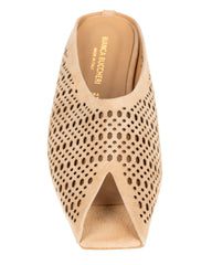 Bianca Buccheri Tia Tan perforated suede flat mule with open toe, side profile