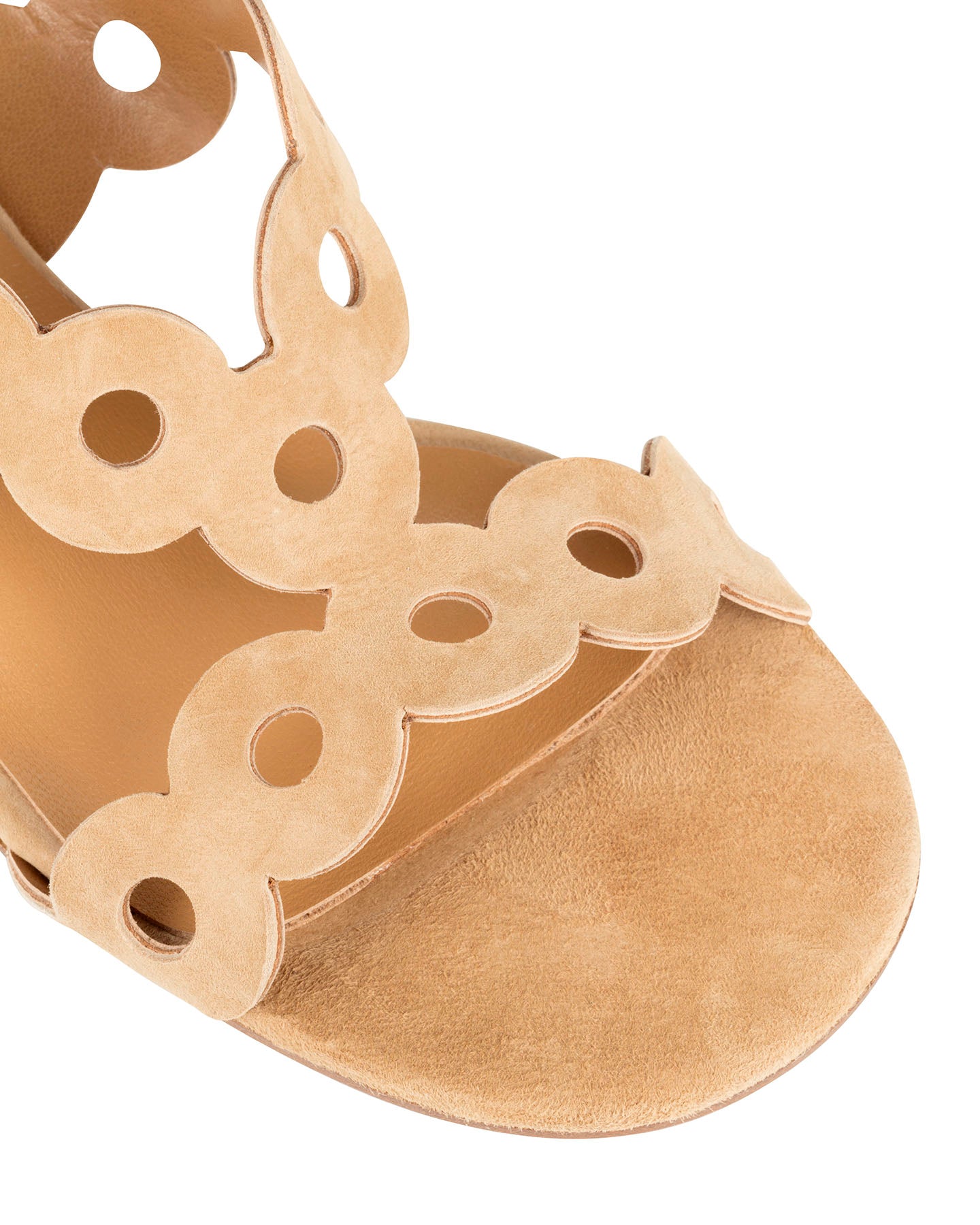 Bianca Buccheri Antonia Tan suede sandal with scalloped cut-out straps and 40mm block heel