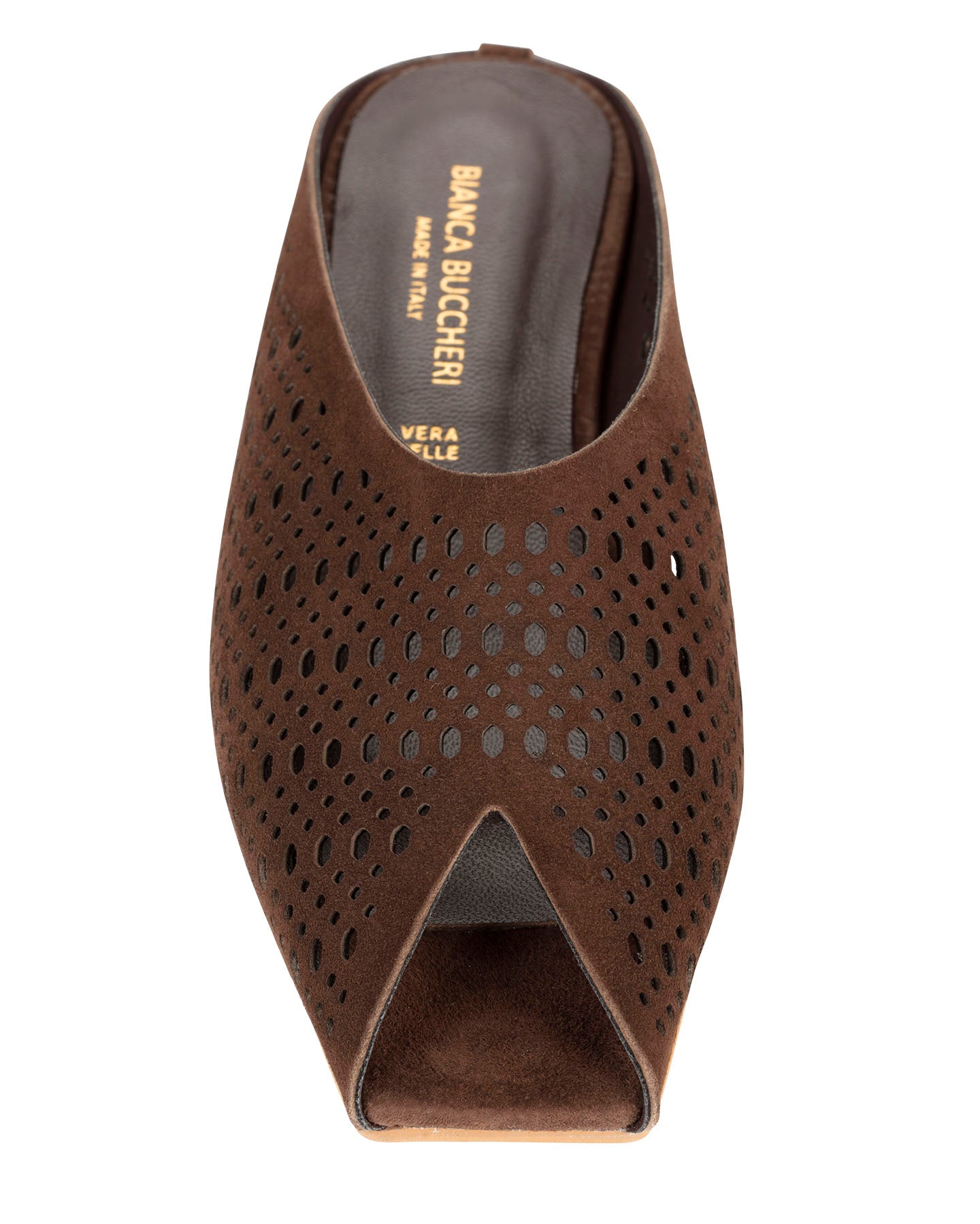 Bianca Buccheri Tia Dark Brown perforated suede flat mule with open toe