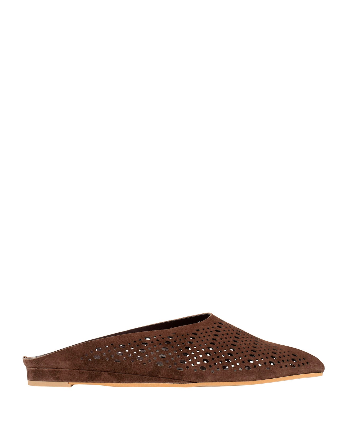 Bianca Buccheri Tia Dark Brown perforated suede flat mule with open toe, side profile