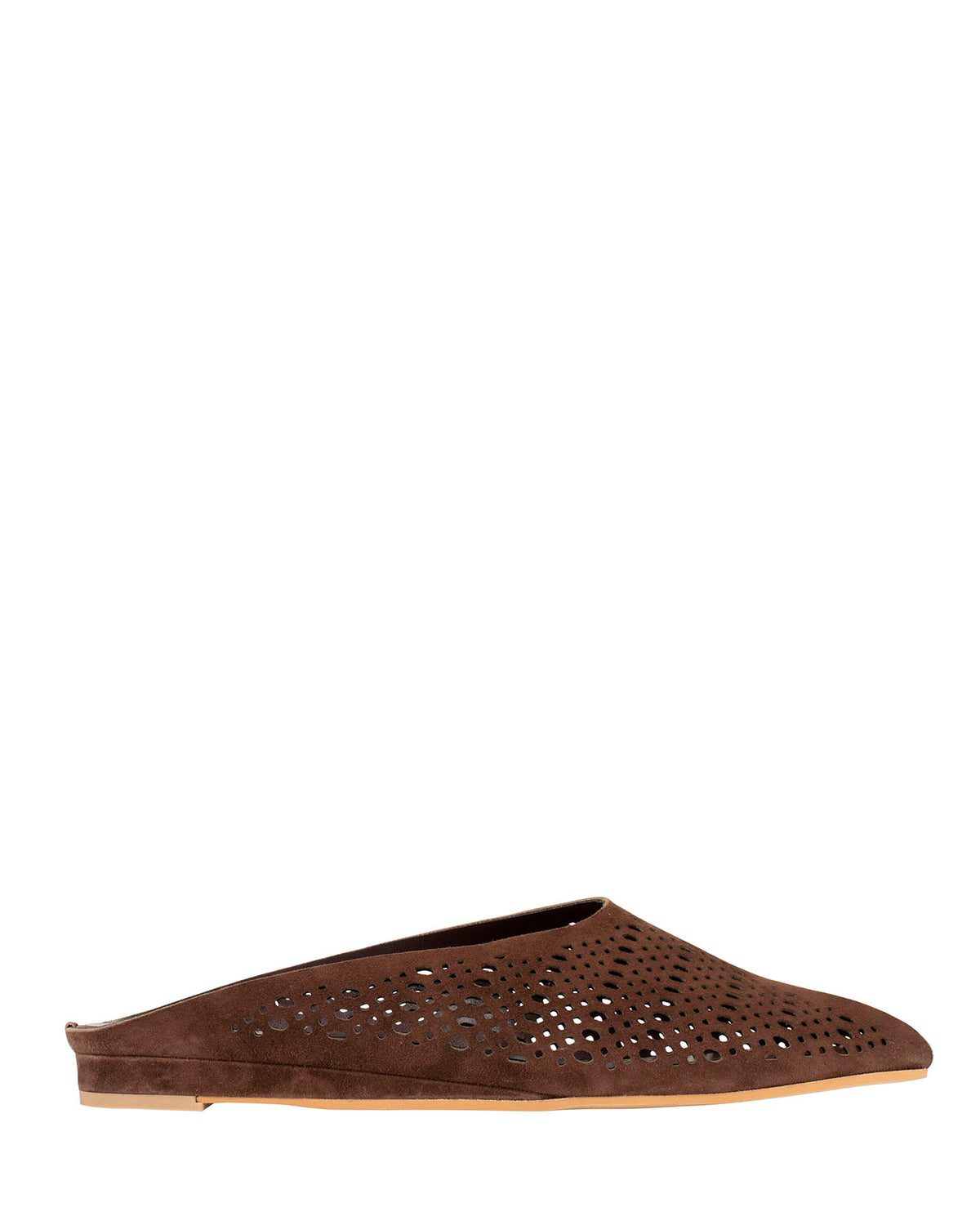 Bianca Buccheri Tia Dark Brown perforated suede flat mule with open toe, side profile