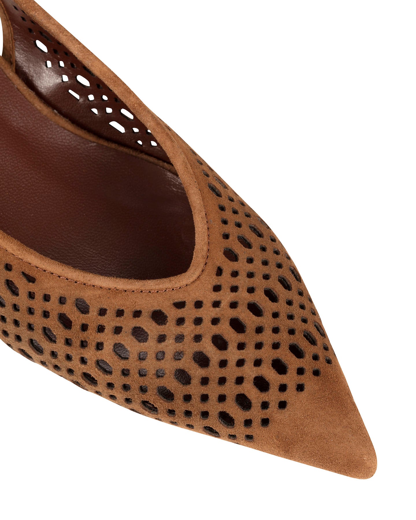 Bianca Buccheri Lauren Chocolate suede pointed-toe slingback with lace perforations and 45mm kitten heel