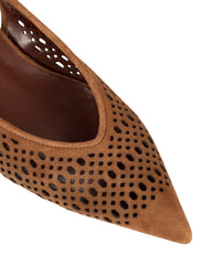 Bianca Buccheri Lauren Chocolate suede pointed-toe slingback with lace perforations and 45mm kitten heel