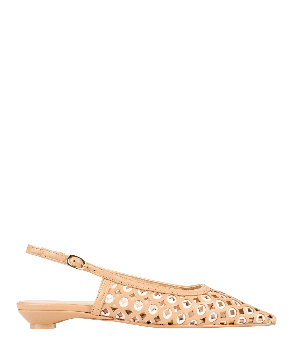 Bianca Buccheri Madi Tan nappa leather flat pointed slingback with white eyelet cut-outs and 20mm heel