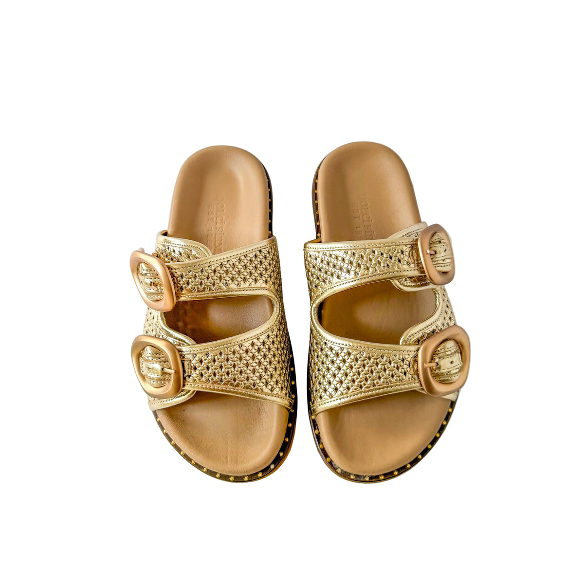 Dolci Firme Beaty gold woven leather slide sandals, top-down pair