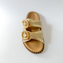 Dolci Firme Beaty gold slide sandal side profile showing contoured footbed