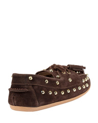 Dolci Firme Dodi chocolate suede studded tassel loafer, three-quarter view