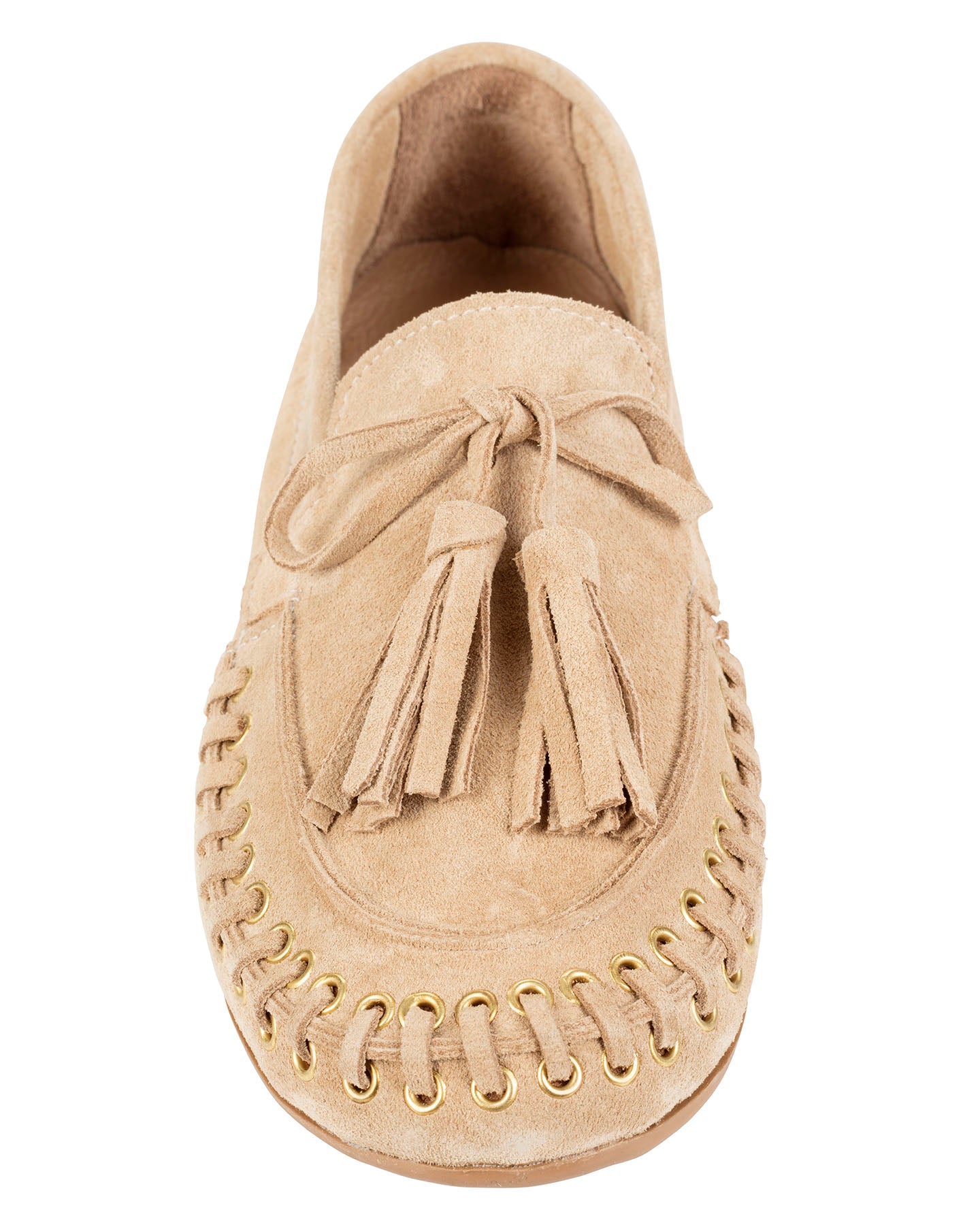 Dolci Firme Jaki sand beige suede loafer, top view showing the tassel lace and whipstitched apron
