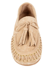 Dolci Firme Jaki sand beige suede loafer, top view showing the tassel lace and whipstitched apron