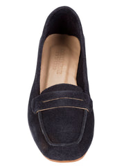Dolci Firme Quincy navy suede penny loafer, top view showing stitched vamp and penny keeper strap