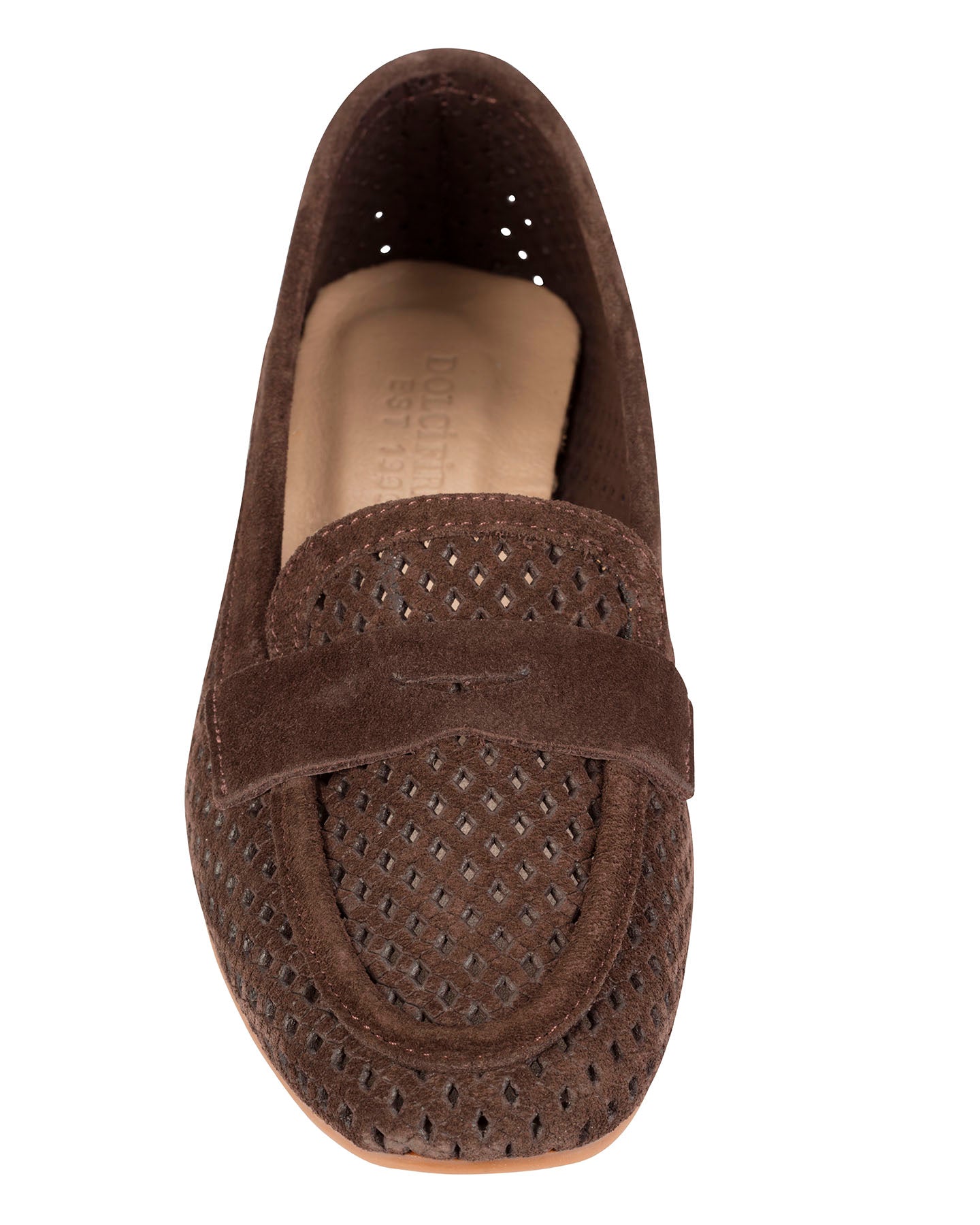 Dolci Firme Keah chocolate suede penny loafer, top view showing the open basketweave upper and penny keeper strap