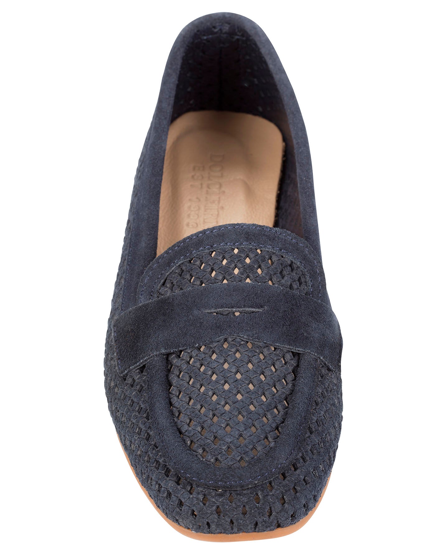 Dolci Firme Keah navy suede penny loafer, top view showing the open basketweave upper and penny keeper strap