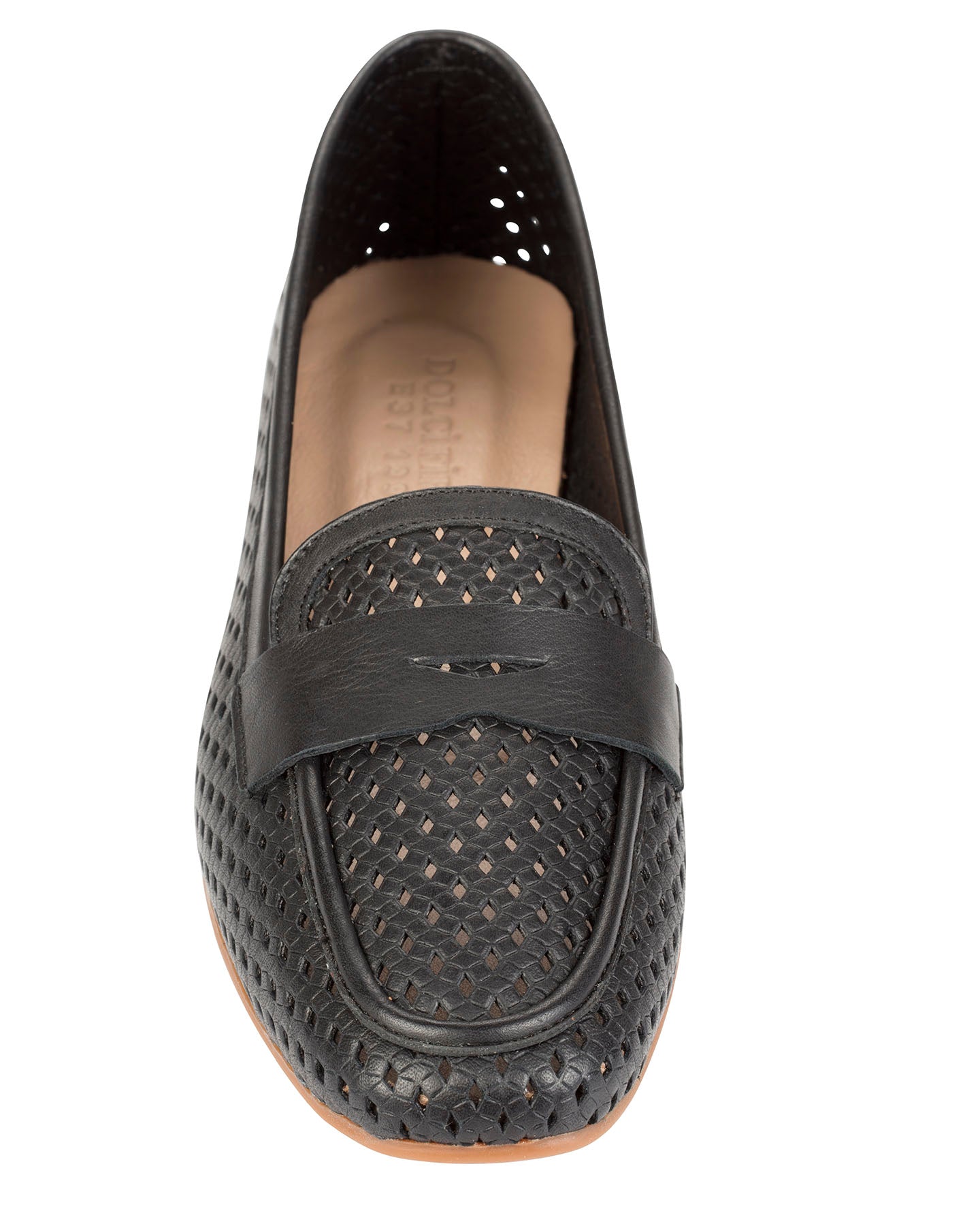 Dolci Firme Keah black woven leather penny loafer, top view showing the open basketweave upper and penny keeper strap