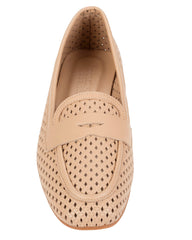 Dolci Firme Keah nude woven leather penny loafer, top view showing the open basketweave upper and penny keeper strap
