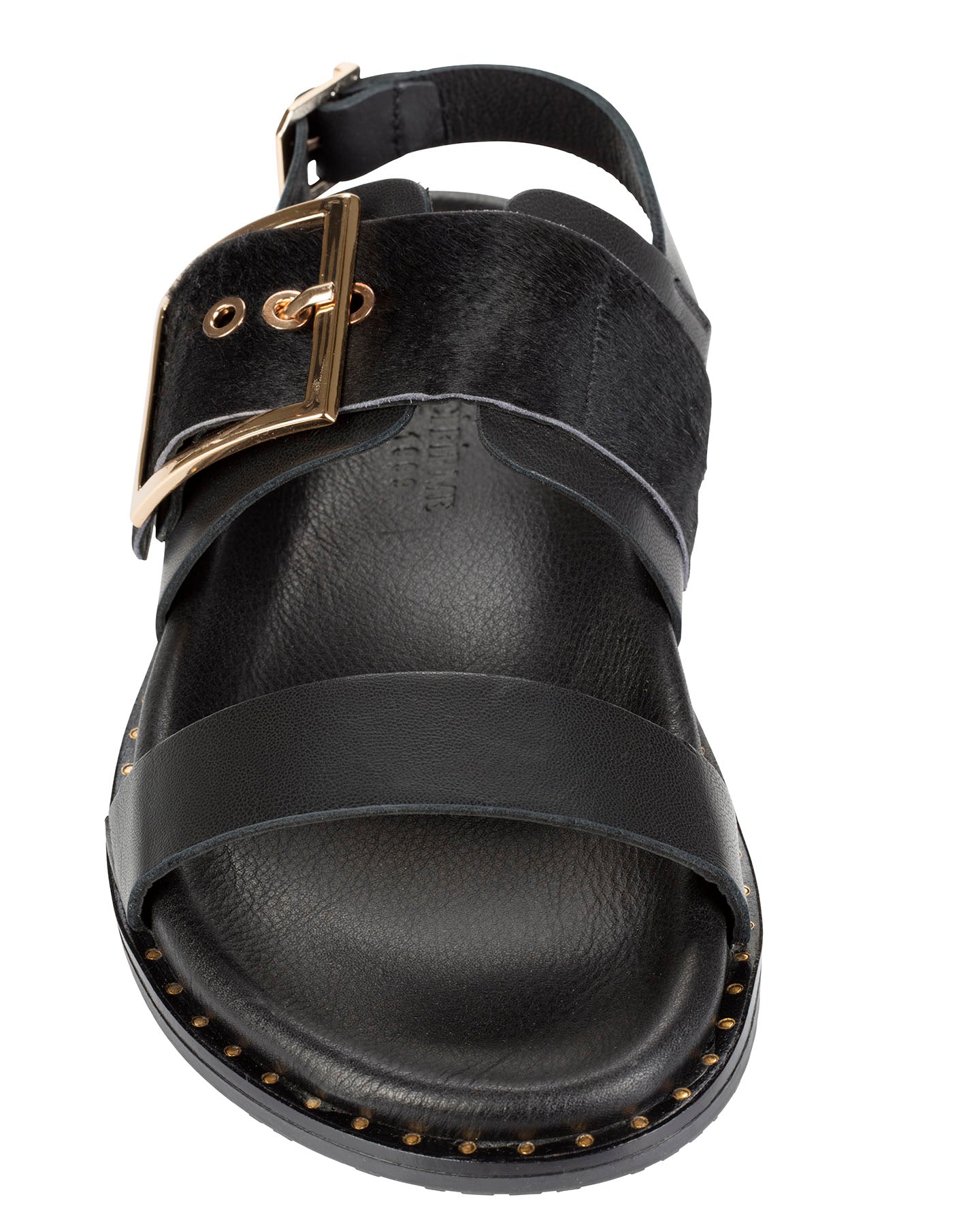 Dolci Firme Adelfi black sandal, top view showing pony hair band and squared gold buckle