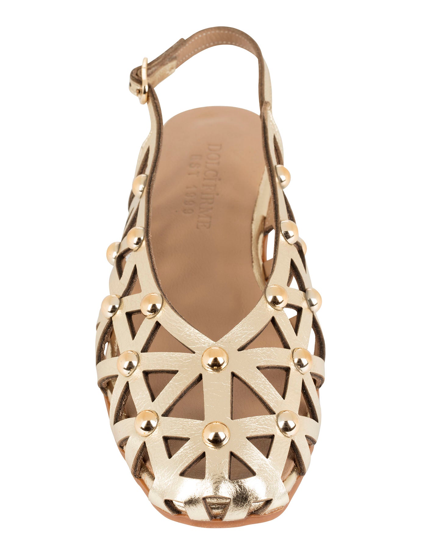 Dolci Firme Luana gold slingback flat, rear view showing the adjustable slingback strap and branded insole