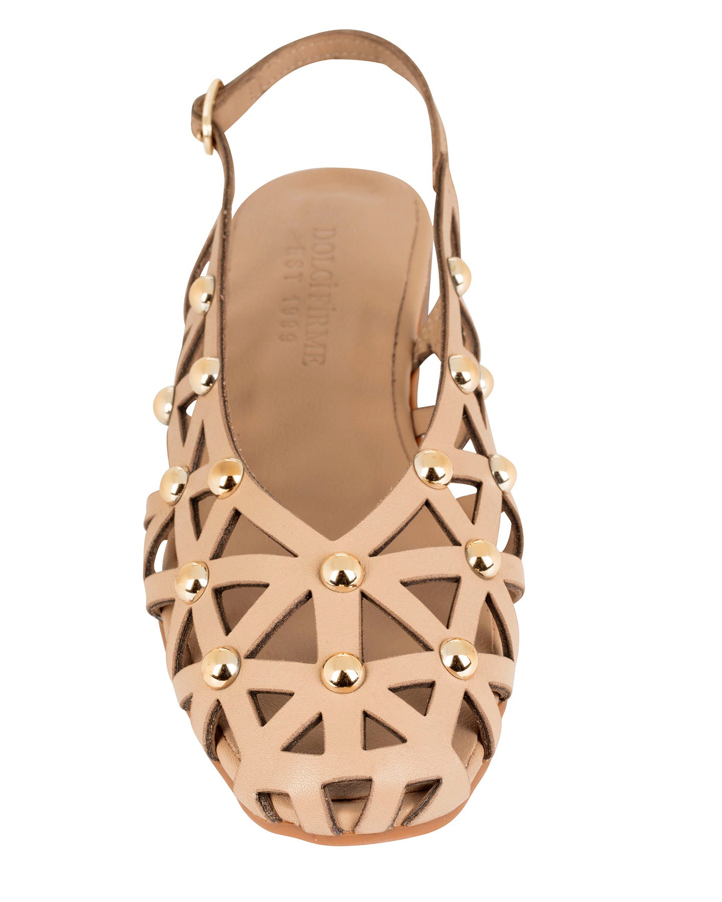 Dolci Firme Luana nude leather slingback flat, top view showing geometric lattice and gold dome studs