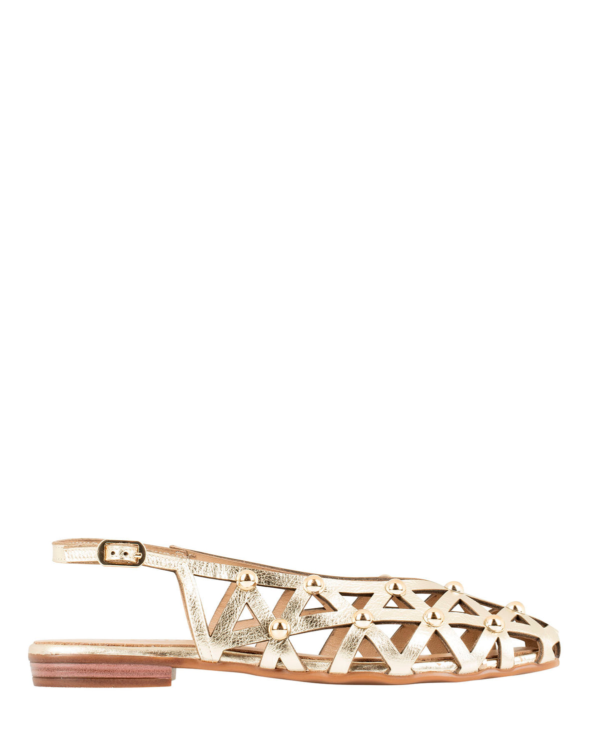 Dolci Firme Luana gold metallic leather studded caged slingback flat, side profile