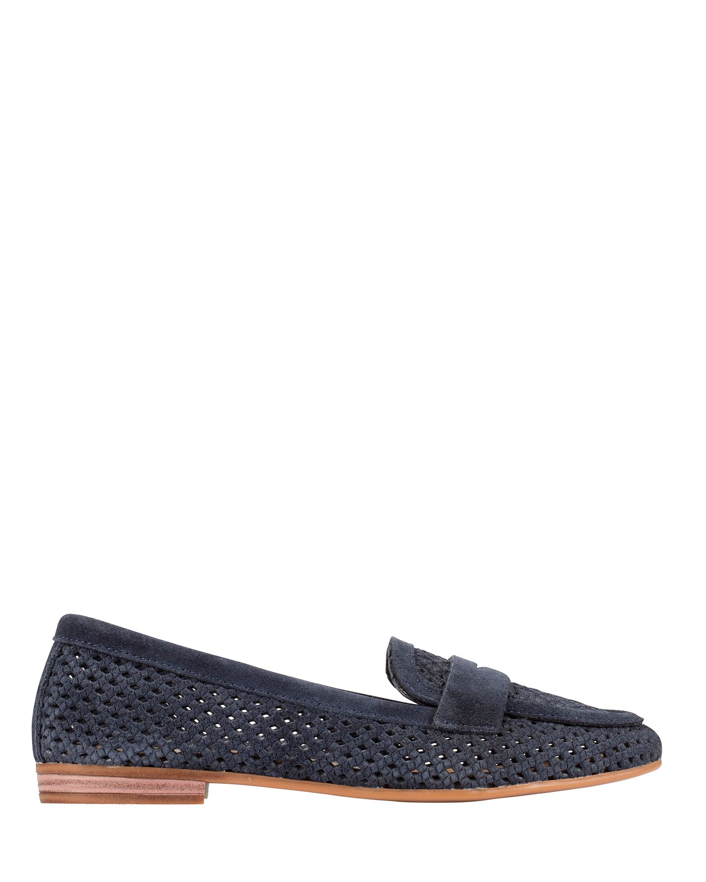 Dolci Firme Keah navy suede woven penny loafer, side profile