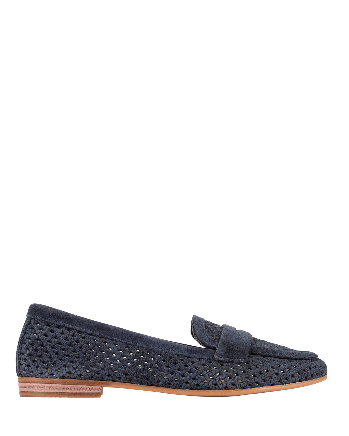 Dolci Firme Keah navy suede woven penny loafer, side profile