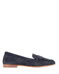 Dolci Firme Keah navy suede woven penny loafer, side profile