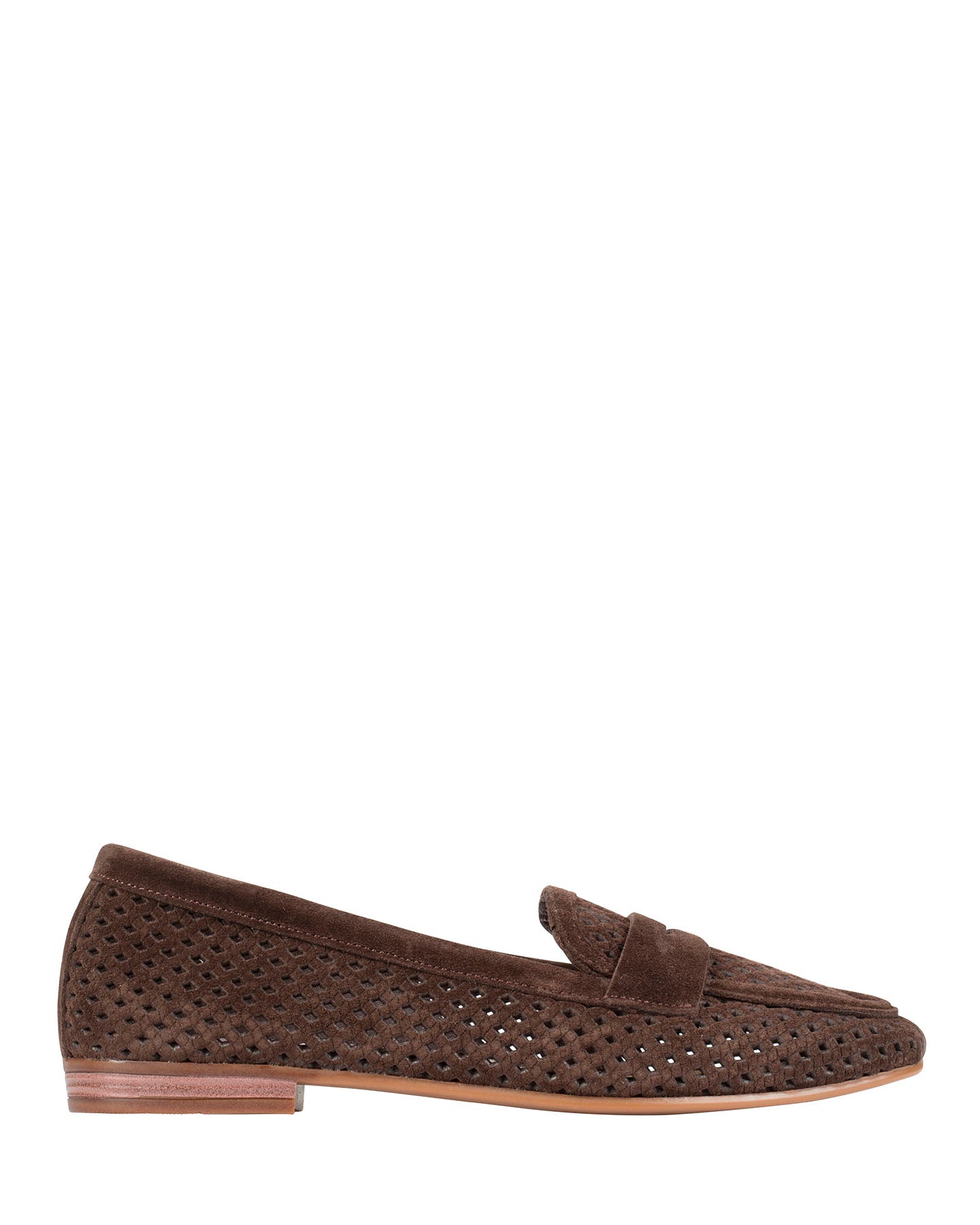 Dolci Firme Keah chocolate suede woven penny loafer, side profile