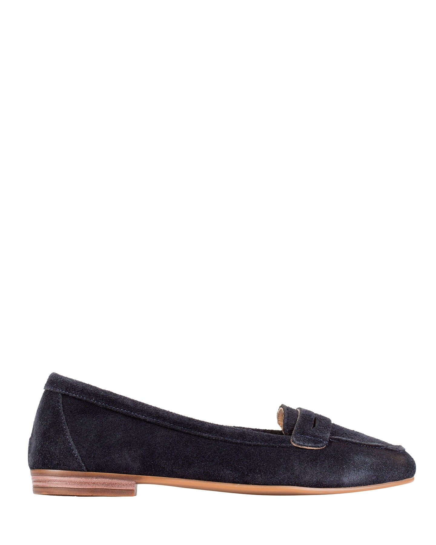 Dolci Firme Quincy navy suede penny loafer, side profile