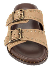 Dolci Firme Maran tan suede slide, top view showing two studded straps and antique brass pin buckles