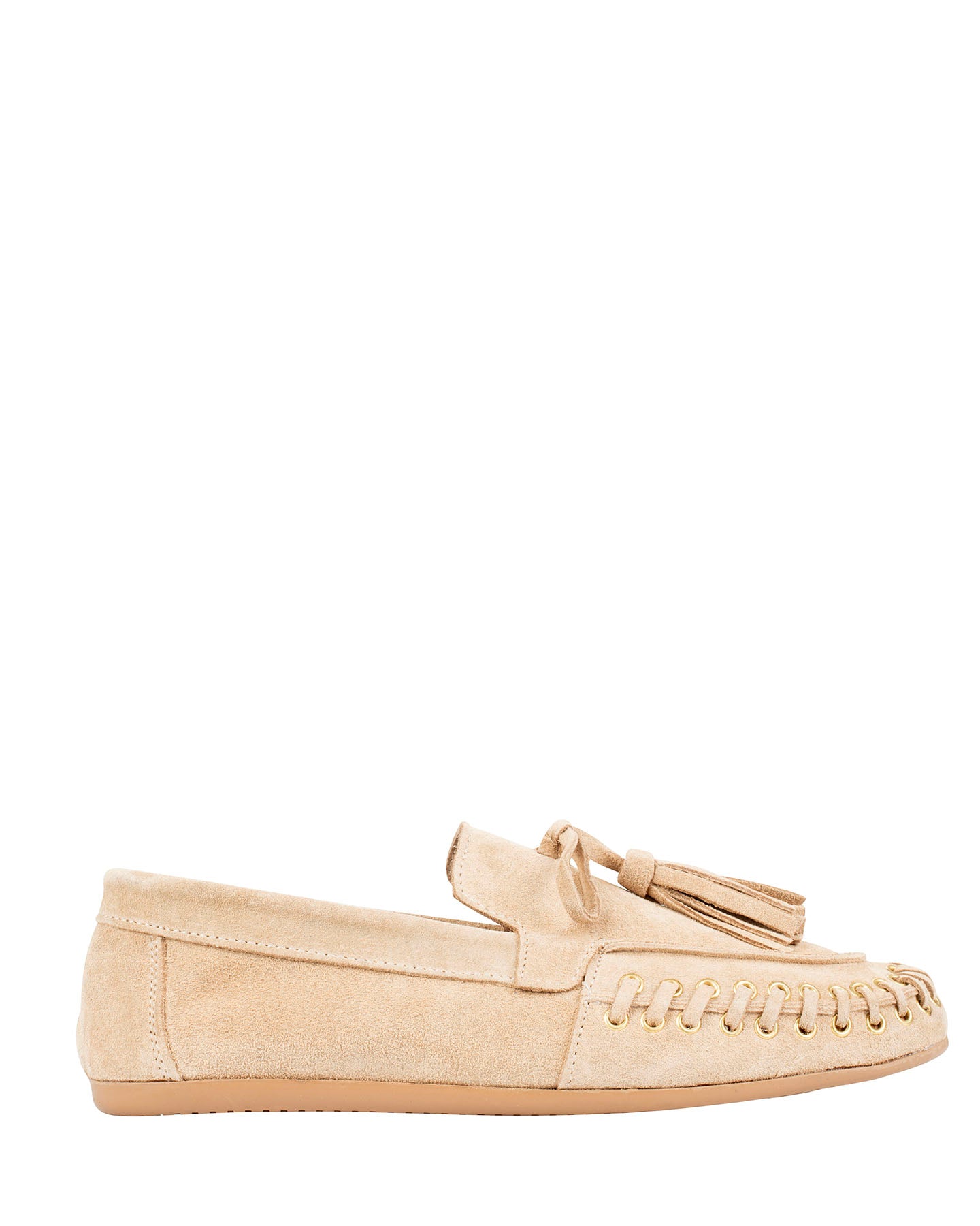 Dolci Firme Jaki sand beige suede tassel loafer, side profile