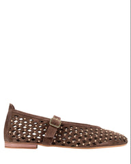 Dolci Firme Monty chocolate suede studded Mary Jane flat, side profile