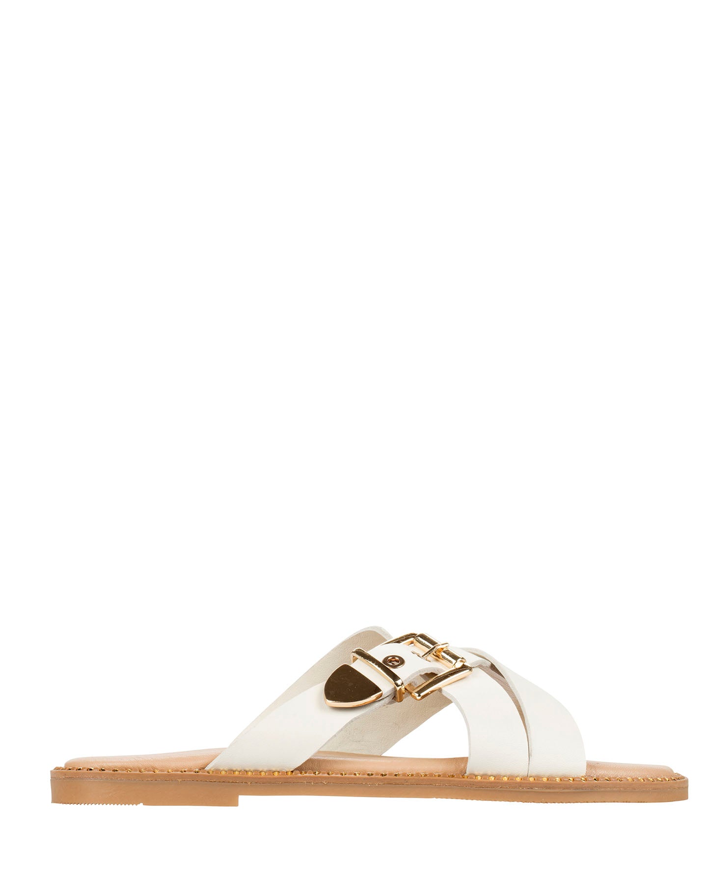 Dolci Firme Lilla milk leather crossover buckle slide, side profile