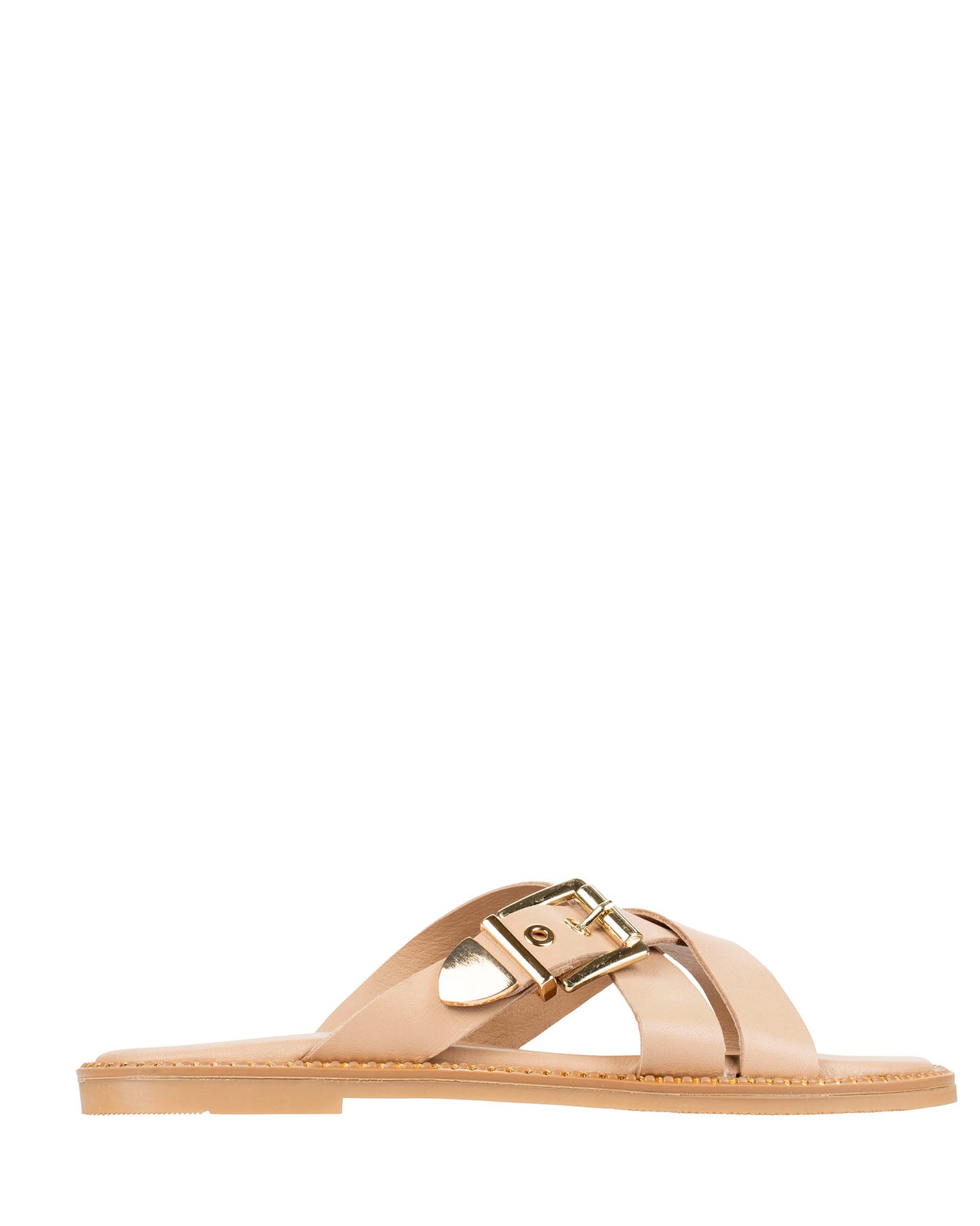 Dolci Firme Lilla nude leather crossover buckle slide, side profile