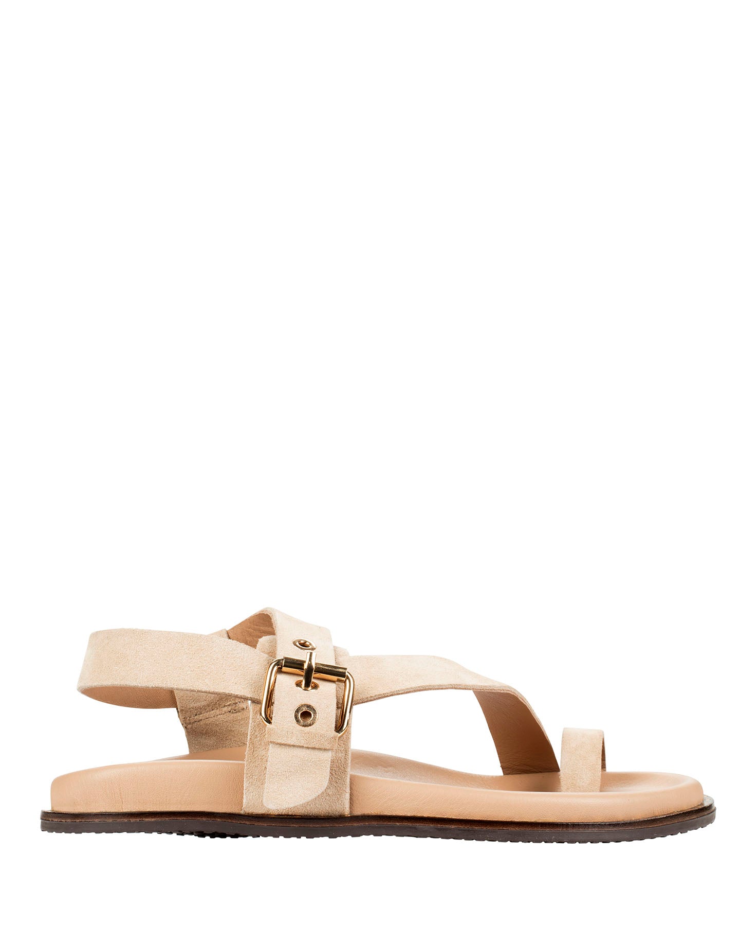 Dolci Firme Playa beige suede toe-loop sandal with gold buckle slingback, side profile
