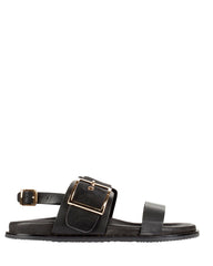 Dolci Firme Adelfi black pony hair and leather sandal with gold buckle, side profile
