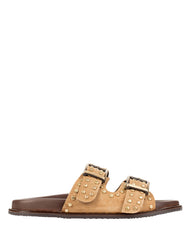 Dolci Firme Maran tan suede double-buckle slide with brass studs, side profile