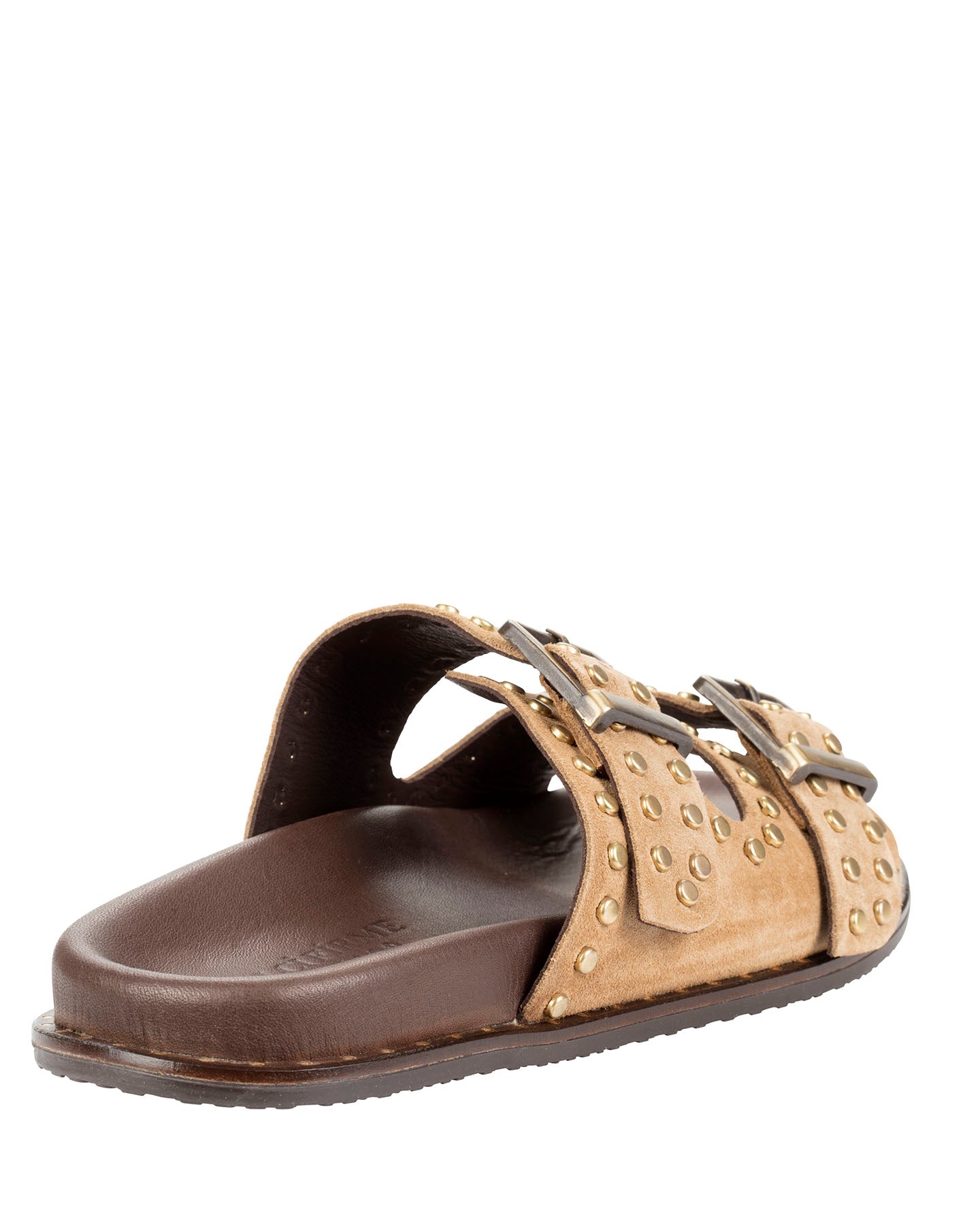 Dolci Firme Maran tan suede double-buckle slide with contoured brown leather footbed