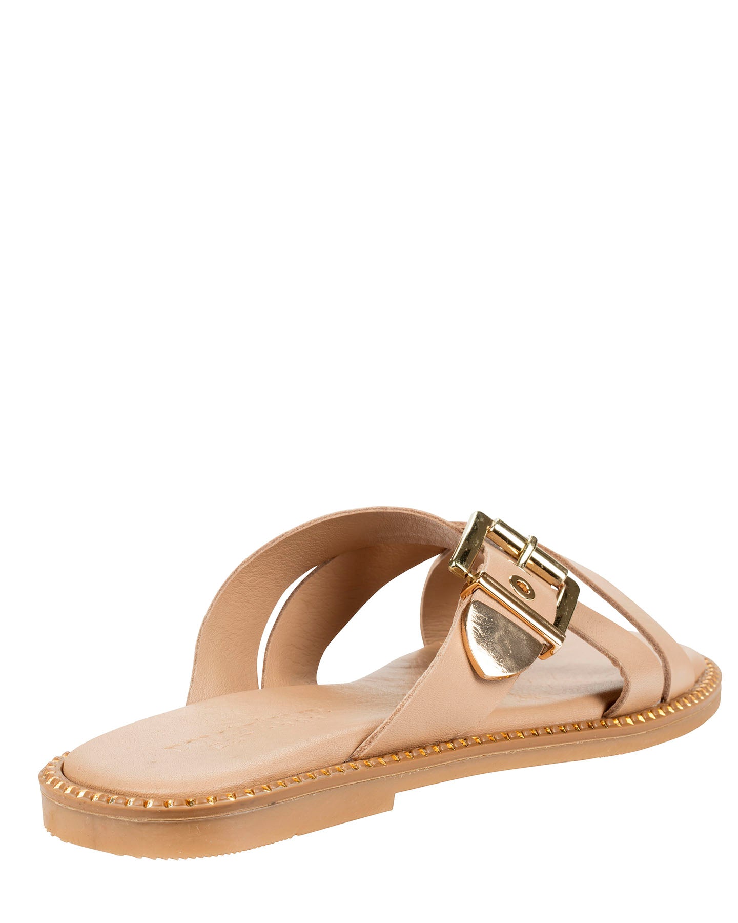 Dolci Firme Lilla nude leather slide, three-quarter rear view showing the contoured tan leather footbed