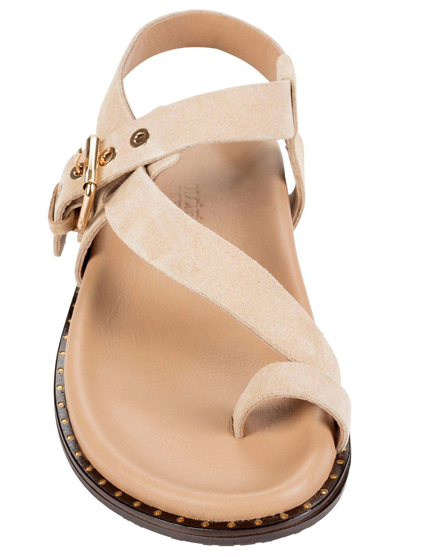 Dolci Firme Playa beige suede sandal, front view showing toe loop and contoured leather footbed