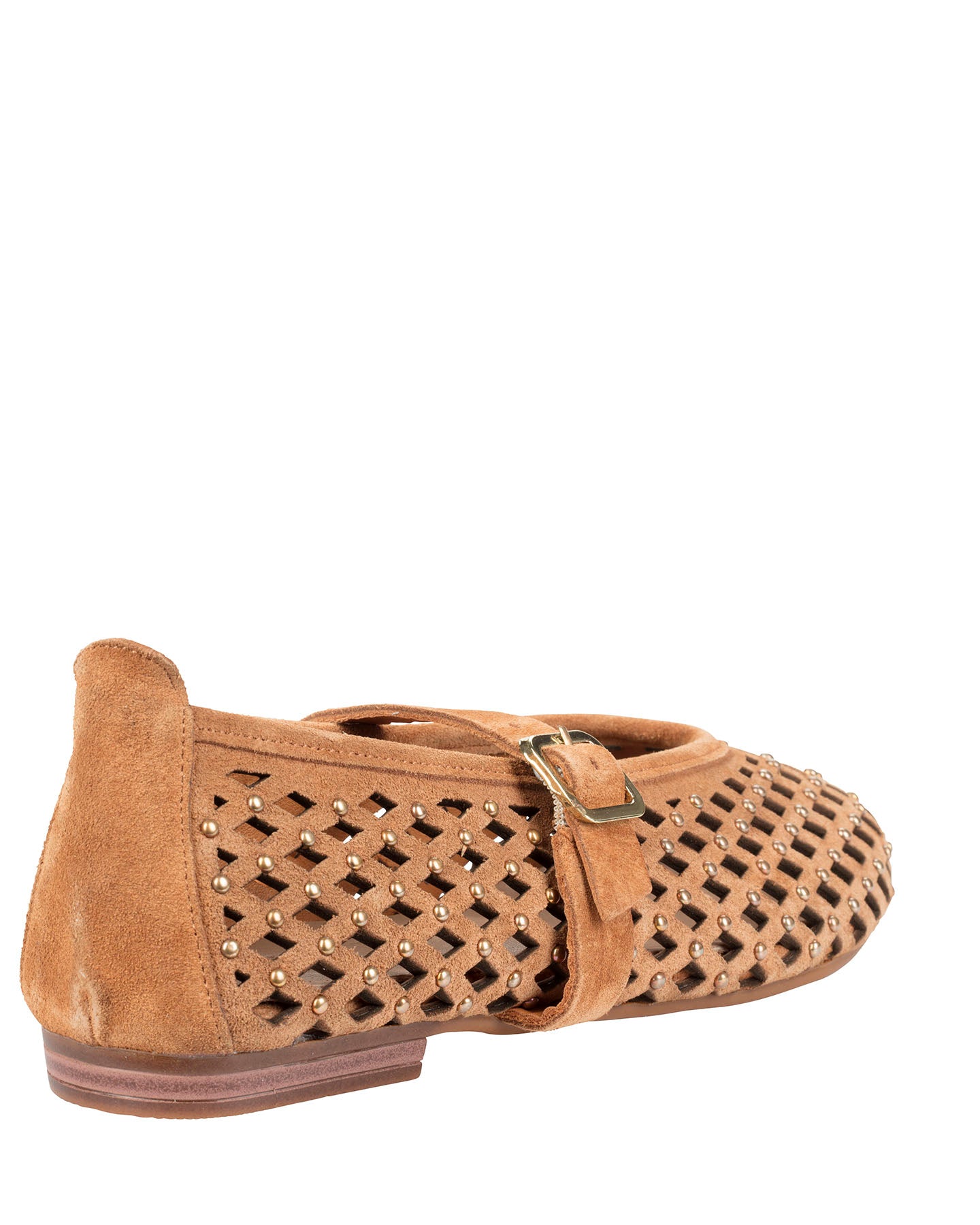 Dolci Firme Monty tan suede perforated Mary Jane flat with buckled instep strap