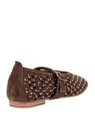 Dolci Firme Monty chocolate suede perforated Mary Jane flat with buckled instep strap
