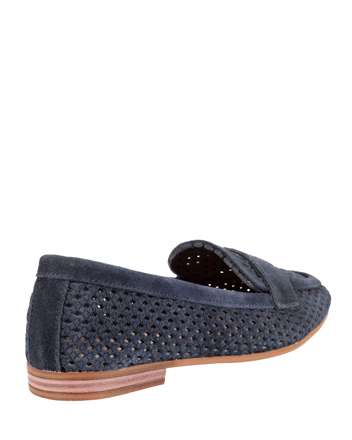 Dolci Firme Keah navy suede penny loafer, three-quarter rear view on a natural stacked sole
