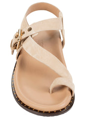 Dolci Firme Playa beige suede sandal, front view showing toe loop and contoured leather footbed